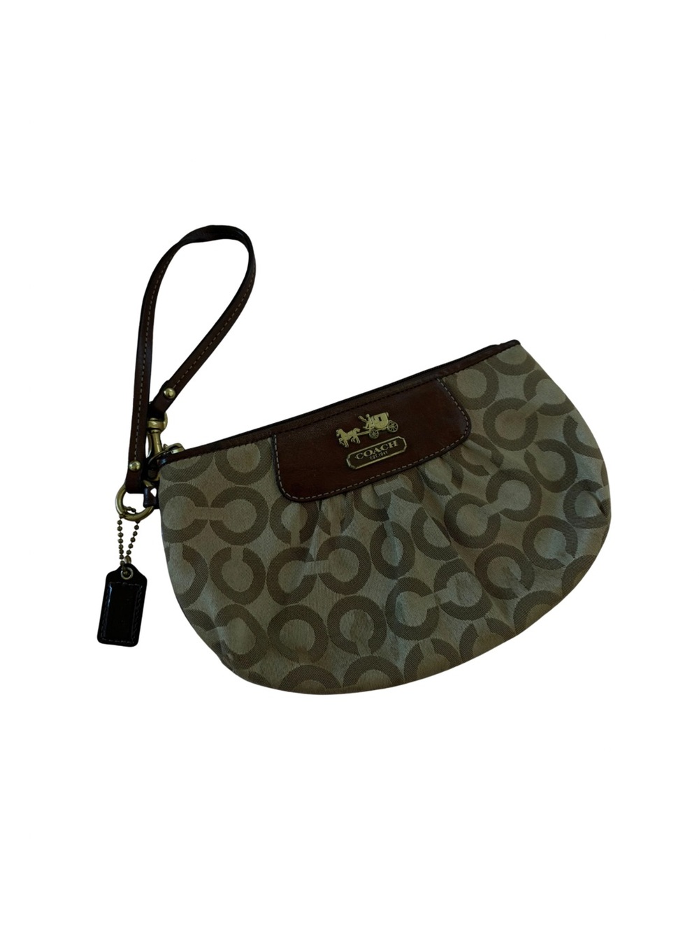 Coach Khaki Signature Canvas Wristlet with Brown Trim and Strap